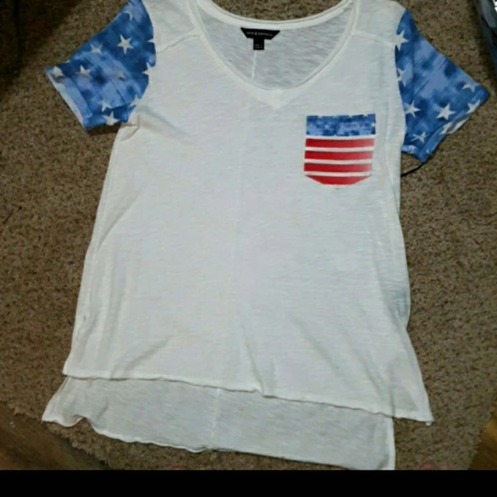 Rock & Republic NWT T-Shirt, American Flag on Pocket, Front Lower/Longer Back